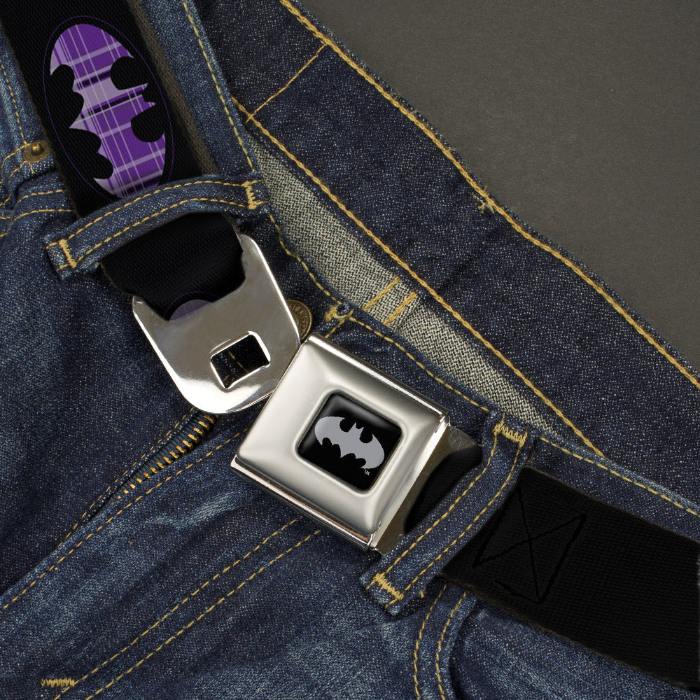 Batman Black Silver Seatbelt Belt - Batman Signal Black/Purple Plaid Webbing