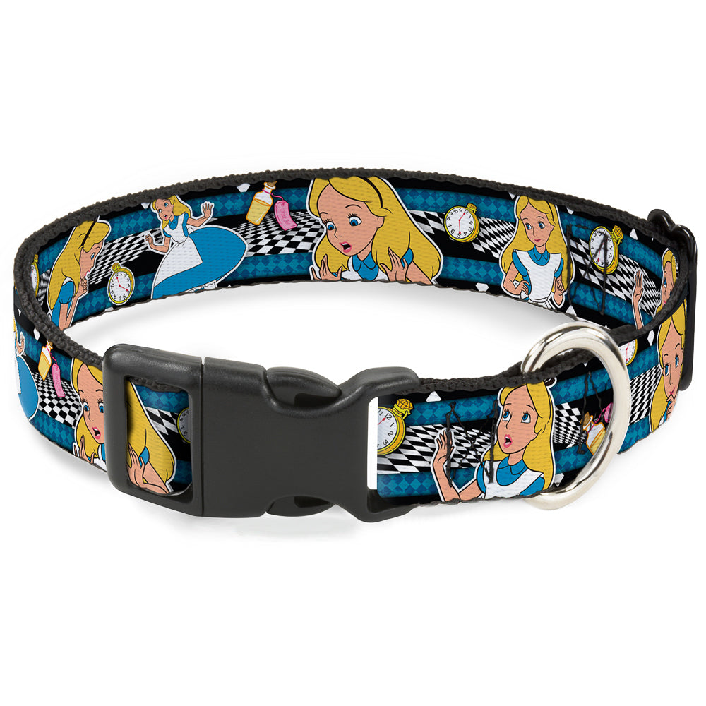 Plastic Clip Collar - Alice in Wonderland Poses/Clock/Bottle Diamond/Stripe Black/White/Blues