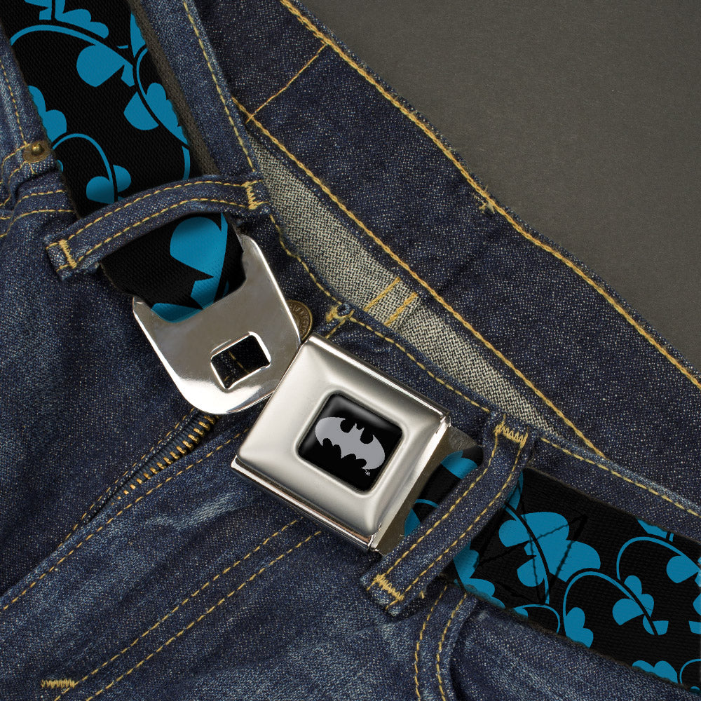 Batman Black Silver Seatbelt Belt - Bat Signals Stacked Blue/Black Webbing