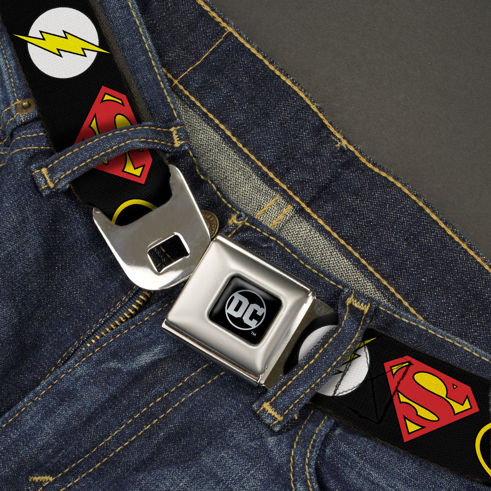 DC Round Logo Black/Silver Seatbelt Belt - Justice League Superhero Logos Webbing