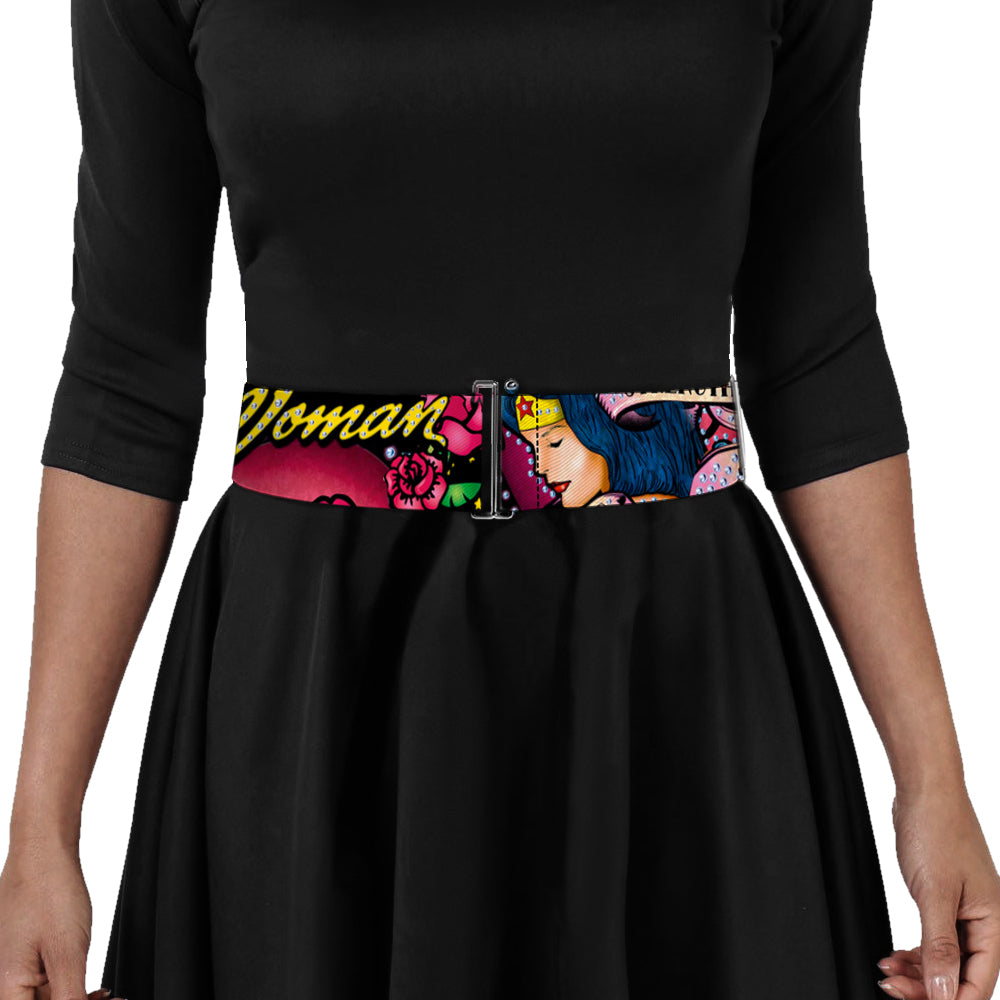 Cinch Waist Belt - WONDER WOMAN Roses STRENGTH AND BEAUTY Black-Pink Fade