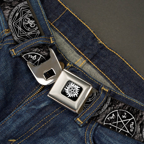 Winchester Logo Full Color Black White Seatbelt Belt - Supernatural Devil's Trap Pentagrams Grays/Black/White Webbing