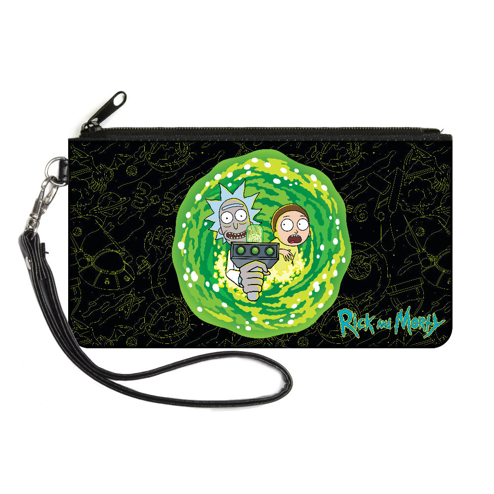 Canvas Zipper Wallet - LARGE - RICK AND MORTY Portal Gun Pose Elements Collage Black Yellows