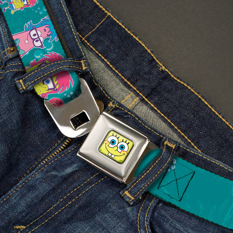 Sponge Bob Face CLOSE-UP Full Color Seatbelt Belt - Patrick, SpongeBob & Gary NOT NORMAL Aqua Webbing