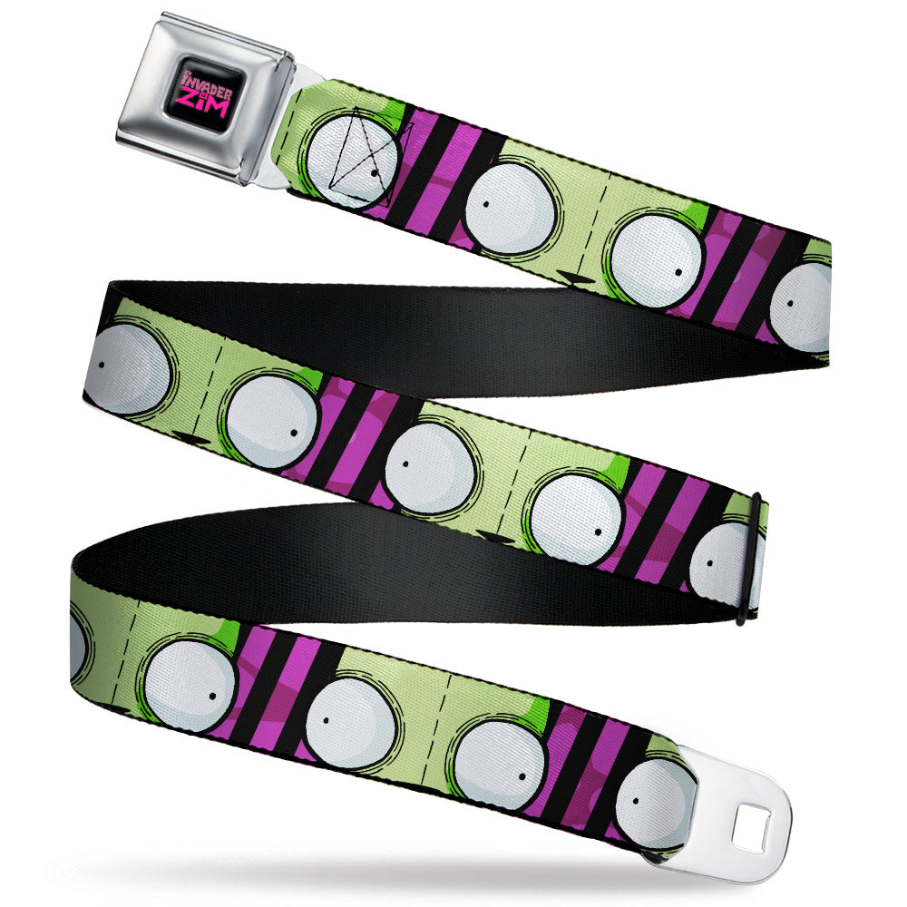 INVADER ZIM Title Logo Full Color Pink/Green Seatbelt Belt - Invader Zim GIR Eyes Close-Up Stripe Black/Purple Webbing