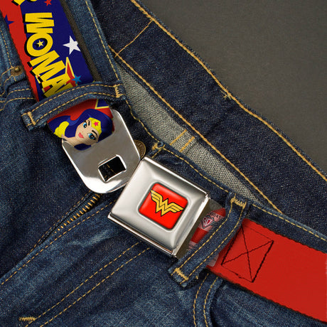 Wonder Woman Logo Full Color Red Seatbelt Belt - DC Girls WONDER WOMAN 3-Poses/Logo/Stars Red/Gold/Blues/White Webbing