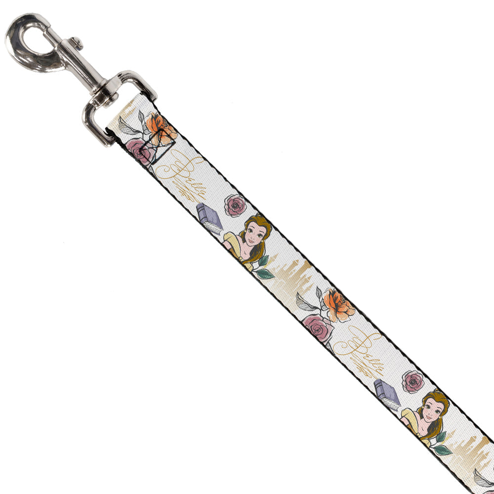 Dog Leash - Beauty and the Beast Belle Castle Pose with Script and Flowers White/Yellows