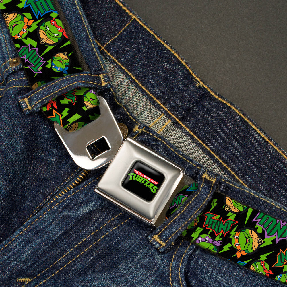 Classic TMNT Logo Full Color Seatbelt Belt - Classic TMNT/Bolts/Faces Black/Greens Webbing