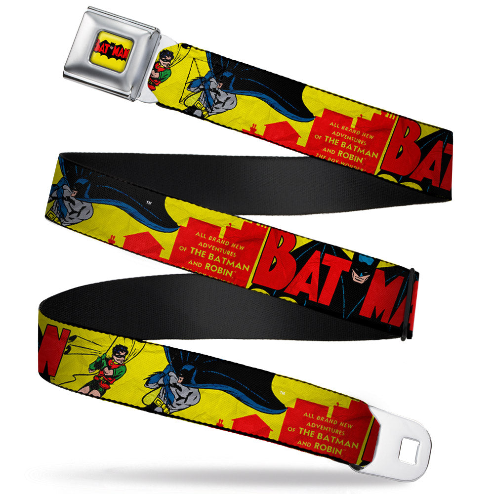 Classic BATMAN Comic Logo Full Color Yellow Black Red Seatbelt Belt - Classic BATMAN Issue #1 Robin & Batman Cover Pose Yellow/Red Webbing