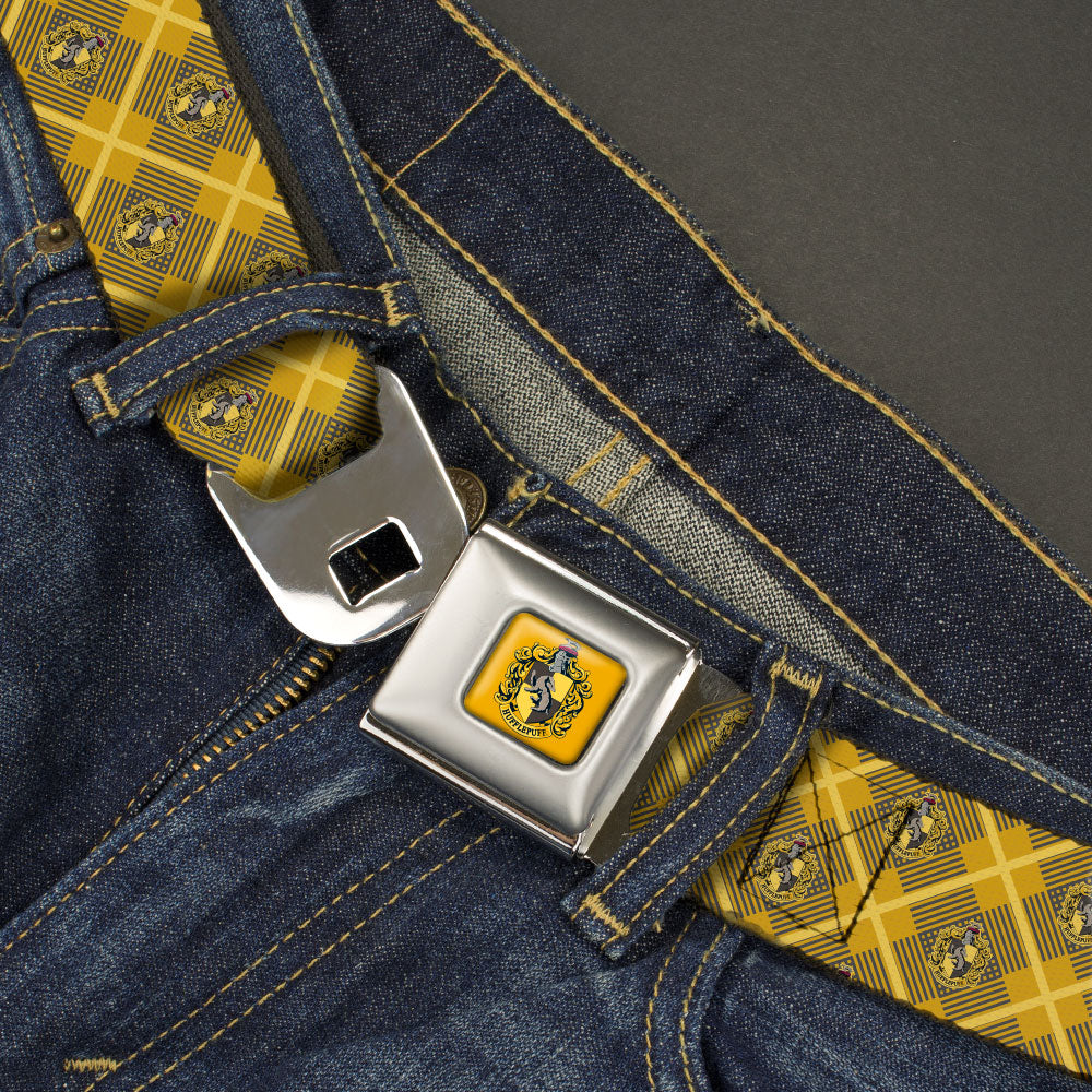 HUFFLEPUFF Crest Full Color Gold Seatbelt Belt - Harry Potter Hufflepuff Crest Plaid Yellows/Gray Webbing