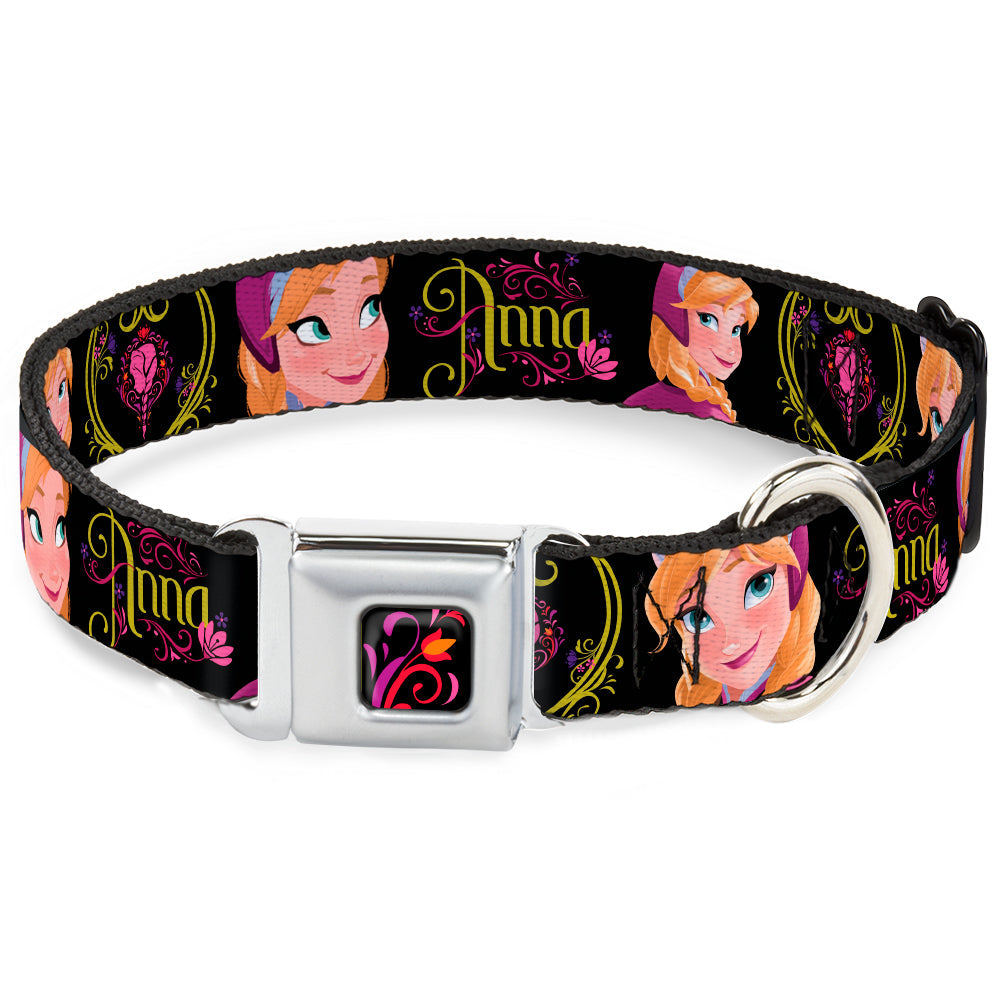 Dog Collar DYFV-Frozen Tulip Full Color Black/Pink/Red/Orange - ANNA Poses/Anna Monogram Heart Cameo Pinks/Yellow - WIDE-Medium