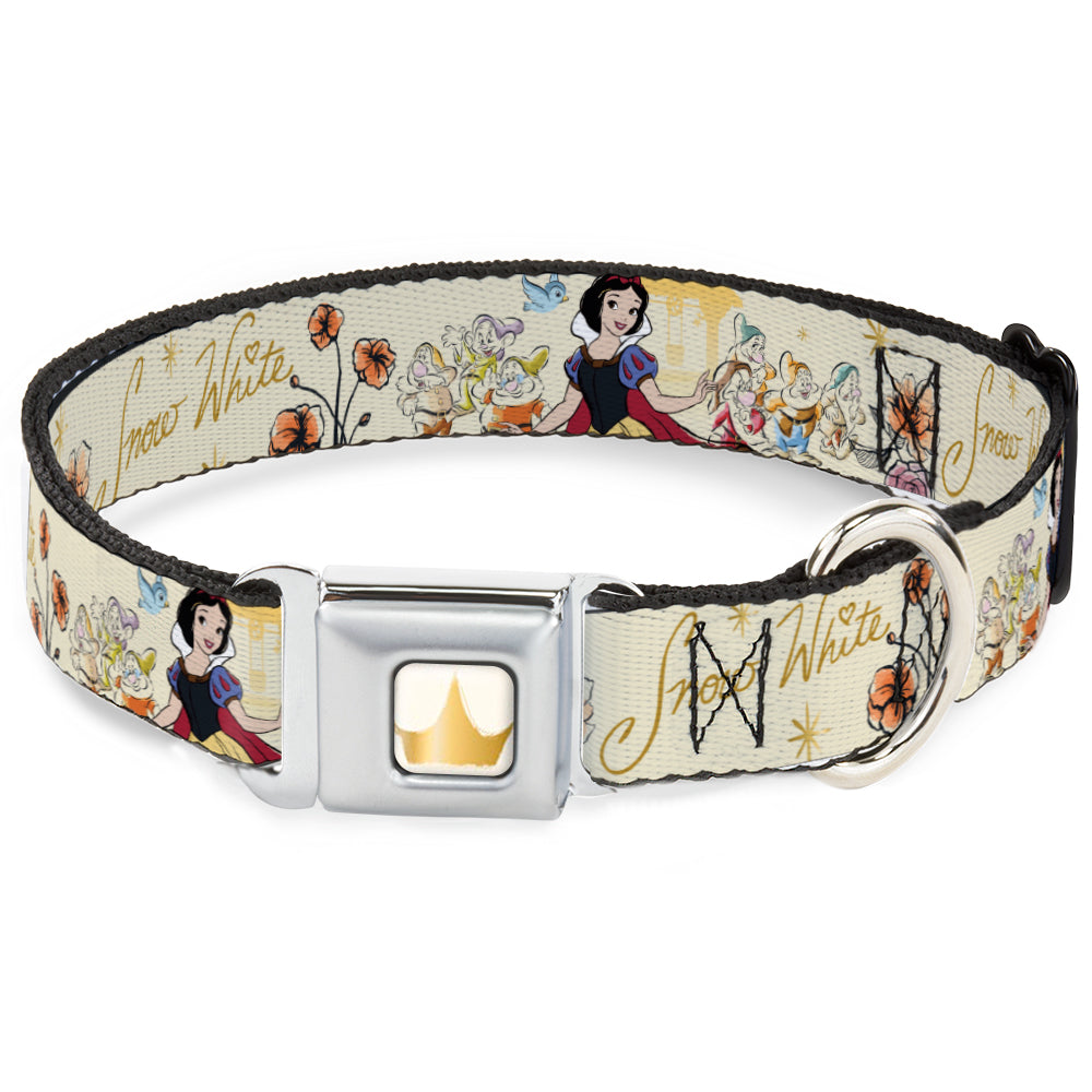 Disney Princess Crown Full Color Golds Seatbelt Buckle Collar - Snow White and the Seven Dwarfs with Script and Flowers Yellows