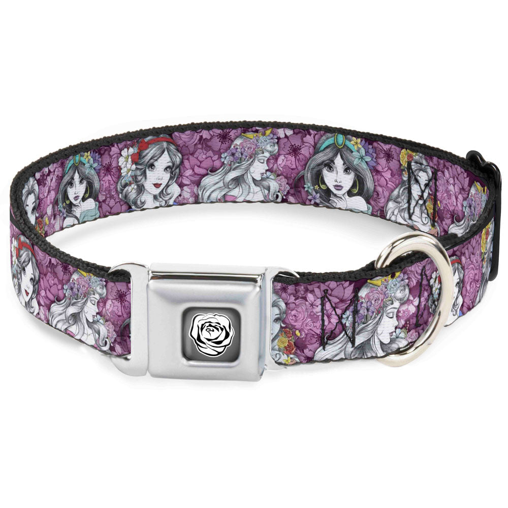 Princess Rose Full Color Grays/White/Black Seatbelt Buckle Collar - Princess Sketch Poses/Floral Collage Pinks/Grays