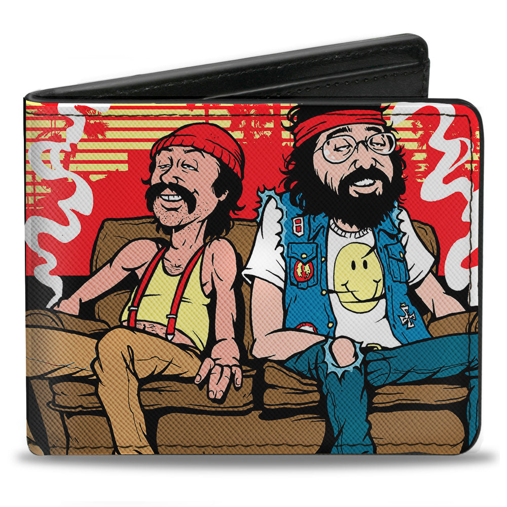 Bi-Fold Wallet - Cheech & Chong on Couch Cartoon + Smoke Cloud Logo Black Blue White