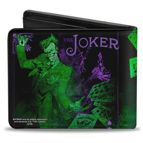 Bi-Fold Wallet - THE JOKER Card Flipping Poses Black Greens Purples