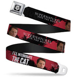 Winchester Logo Full Color Black White Seatbelt Belt - SUPERNATURAL Castiel I'LL INTERROGATE THE CAT Black/Blood Splatter/White Webbing