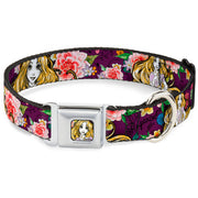 Rapunzel Sketch Full Color Seatbelt Buckle Collar - Rapunzel Poses/Floral Collage Sketch Purple