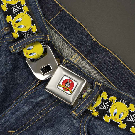 Looney Tunes Logo Full Color White Seatbelt Belt - Tweety Bird & Crossbones Black/White/Yellow Webbing