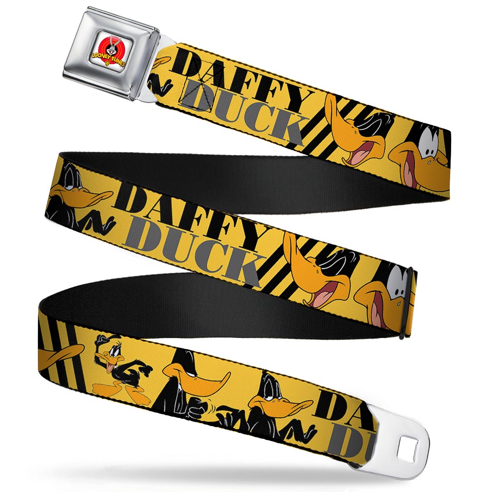 Looney Tunes Logo Full Color White Seatbelt Belt - DAFFY DUCK w/Poses Yellow/Black Webbing