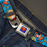 Superman Full Color Blue Seatbelt Belt - Superman Logo/Poses/Action Bubbles Pop Collage Blue/Black Webbing