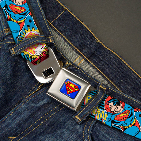 Superman Full Color Blue Seatbelt Belt - Superman Logo/Poses/Action Bubbles Pop Collage Blue/Black Webbing