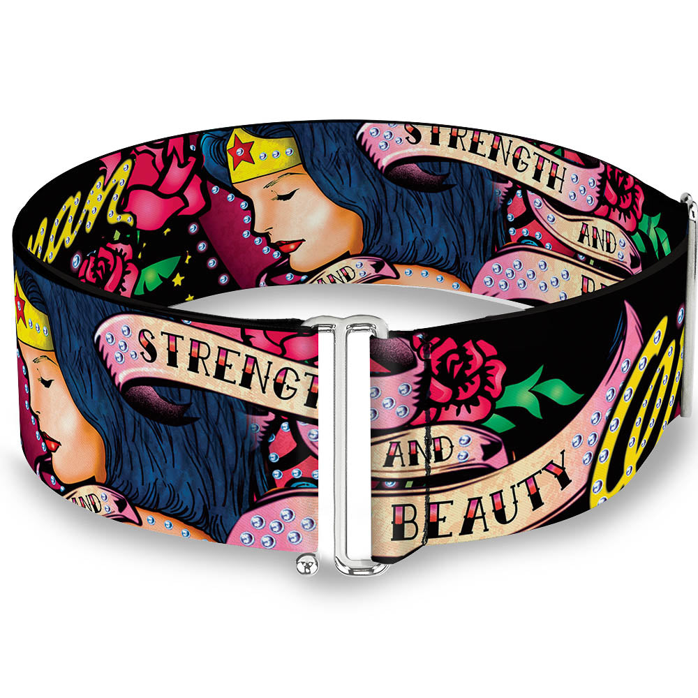 Cinch Waist Belt - WONDER WOMAN Roses STRENGTH AND BEAUTY Black-Pink Fade