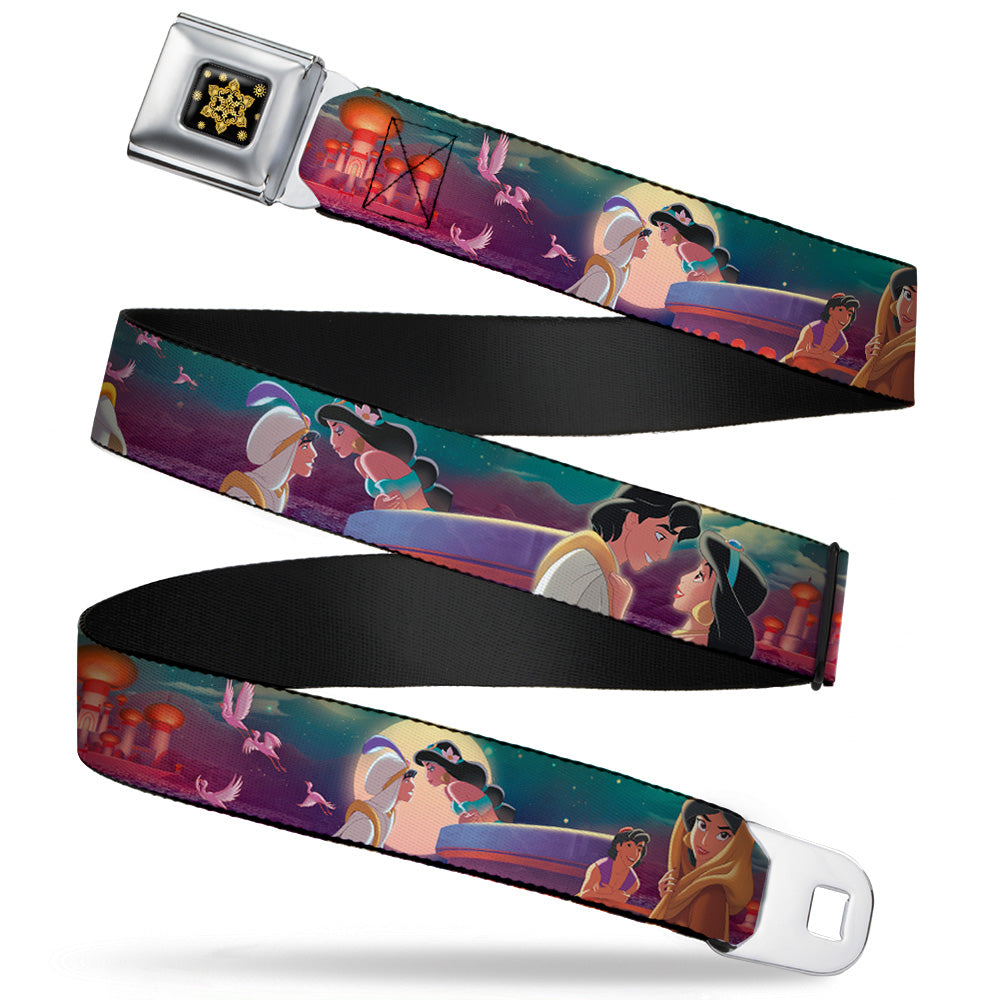 Aladdin Flower Motif Full Color Black Gold Seatbelt Belt - Aladdin & Jasmine Scenes/Castle/Birds Webbing