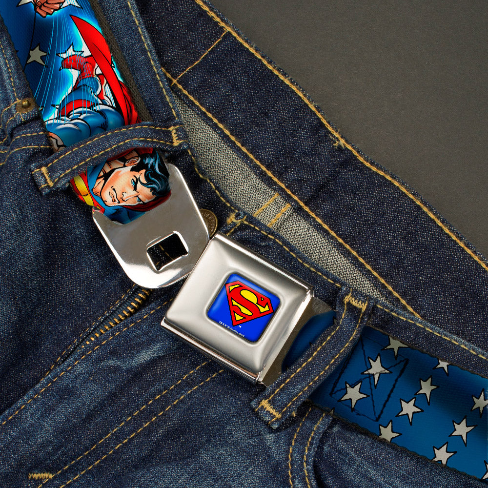 Superman Full Color Blue Seatbelt Belt - Superman Action Poses/Stars & Stripes Webbing