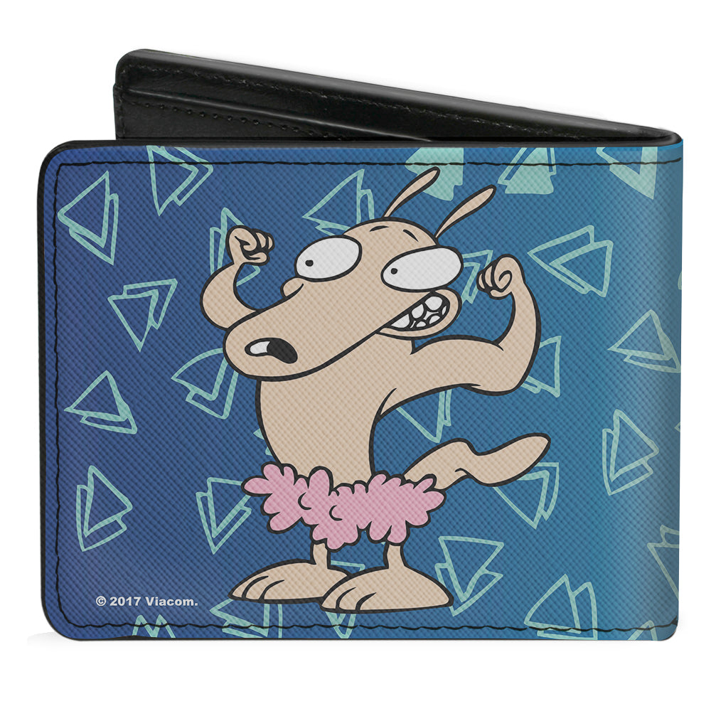 Bi-Fold Wallet - Rocko & Spunky Pose2 + Icon Sketches Logo Turquoise White