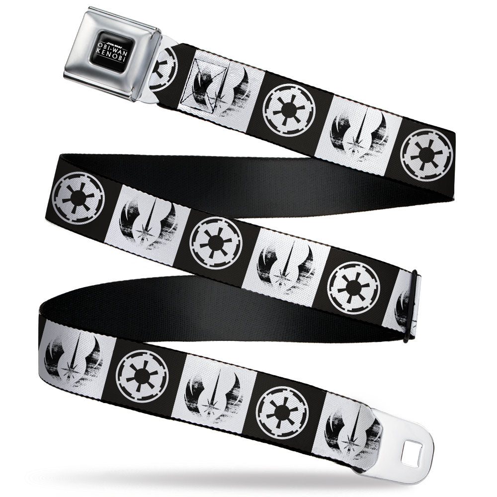 STAR WARS OBI-WAN KENOBI Title Logo Full Color Black/White Seatbelt Belt - Star Wars Obi-Wan Kenobi Series Jedi Order and Galactic Empire Insignia Blocks White/Black Webbing