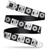 STAR WARS OBI-WAN KENOBI Title Logo Full Color Black/White Seatbelt Belt - Star Wars Obi-Wan Kenobi Series Jedi Order and Galactic Empire Insignia Blocks White/Black Webbing