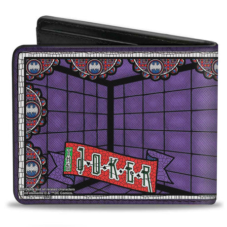 Bi-Fold Wallet - Joker Stained Glass Straitjacket Pose Bat Logo Purples Red Blue White