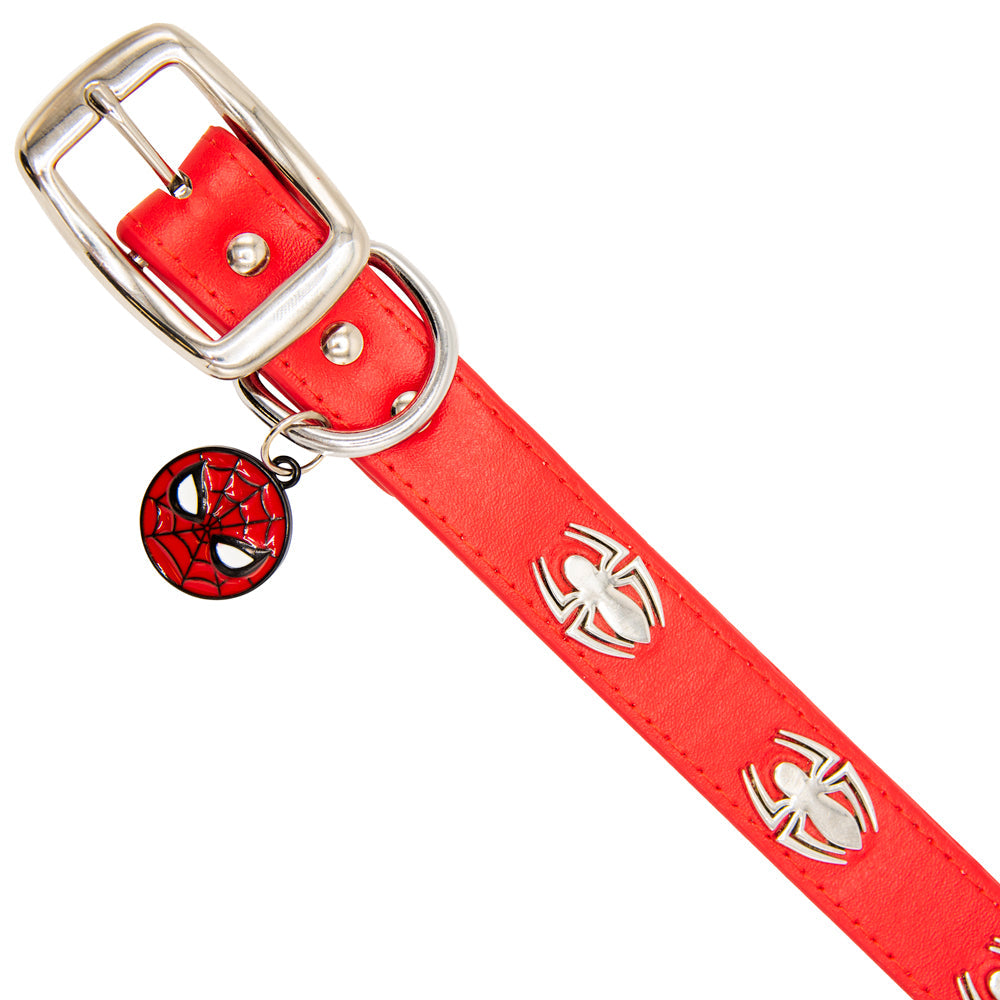 Vegan Leather Dog Collar - Spider-Man Red with Spider Embellishments & Metal Charm