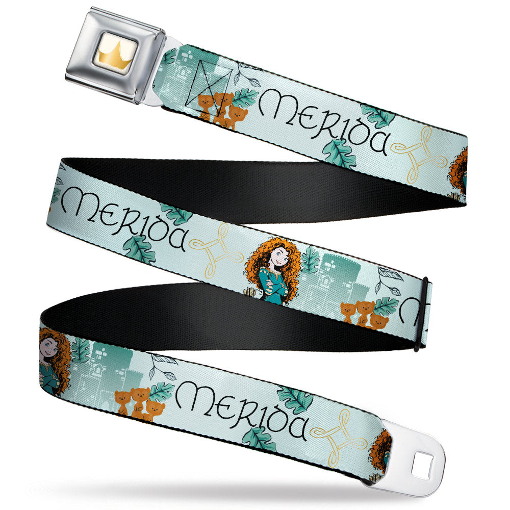 Disney Princess Crown Full Color Golds Seatbelt Belt - Brave Merida Castle and Three Bear Brothers Pose with Script Greens Webbing