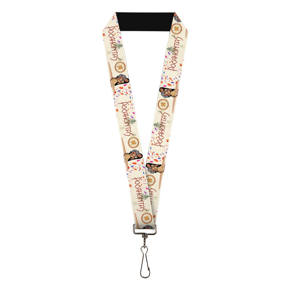 Lanyard - 1.0" - Pocahotas and Meeko Compass Pose with Script and Leaves Beige