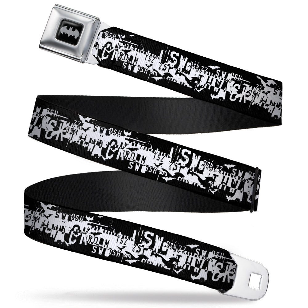 Batman Black Silver Seatbelt Belt - Batman Action Verbiage Black/White Webbing