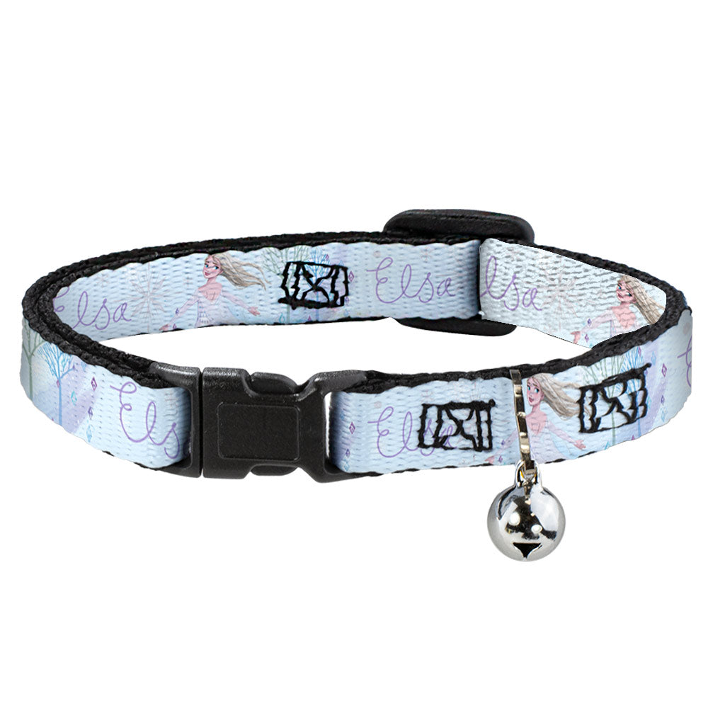 Cat Collar Breakaway with Bell - Frozen Elsa Snowflake Pose with Trees and Script Blues Purples - NARROW Fits 8.5-12"