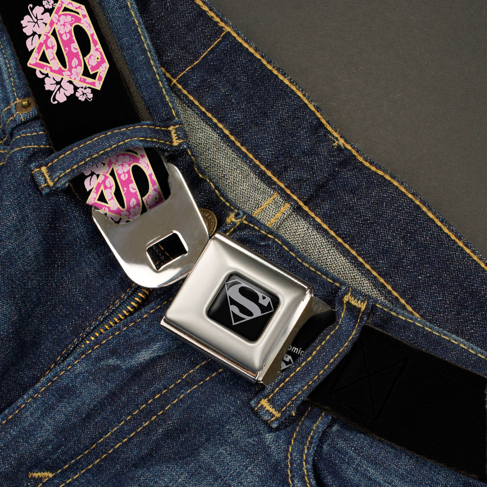 Superman Black Silver Seatbelt Belt - Super Shield Hibiscus Design Black/Pink Webbing