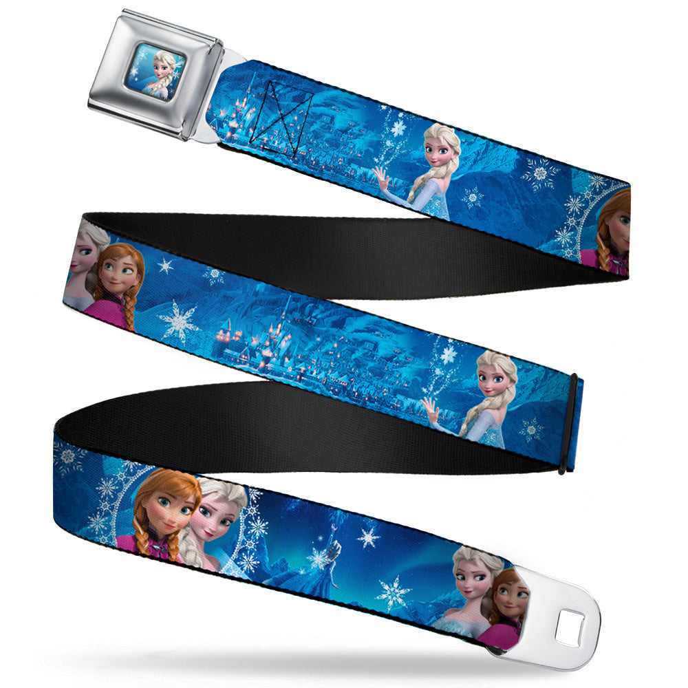 Frozen Elsa the Snow Queen Pose Snowflakes Full Color Blue White Seatbelt Belt - Anna & Elsa Poses/Castle & Mountains Blues Webbing