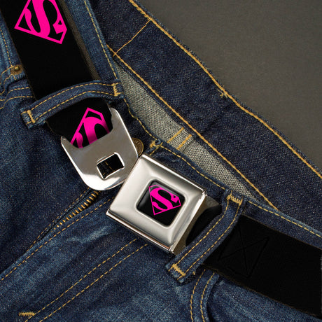 Superman Shield Full Color Black Hot Pink Seatbelt Belt - Superman Shield Black/Hot Pink Webbing