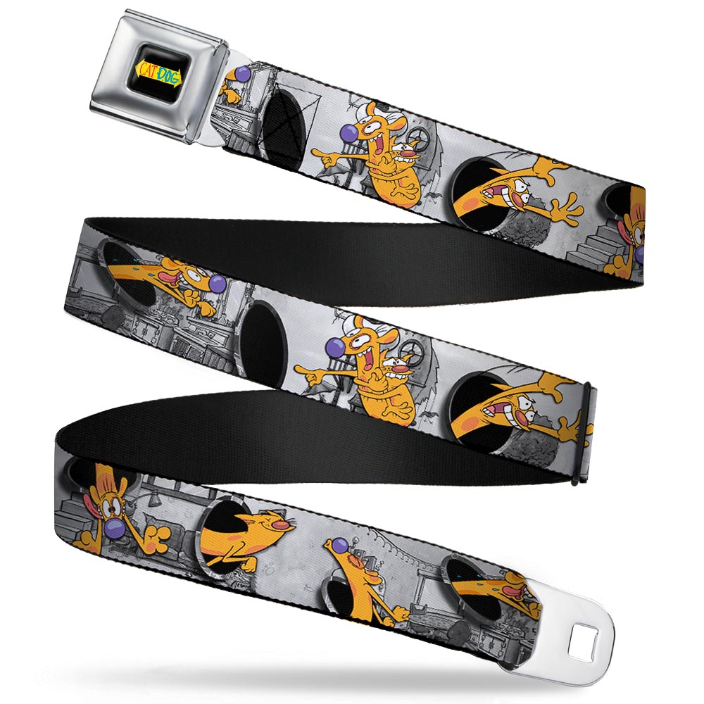 CAT DOG Logo Full Color Black/Yellow/Red/Blue Seatbelt Belt - CatDog House Poses Grays Webbing