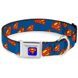 Superman Full Color Blue Seatbelt Buckle Collar - Super Shield Diagonal Royal Blue/Red