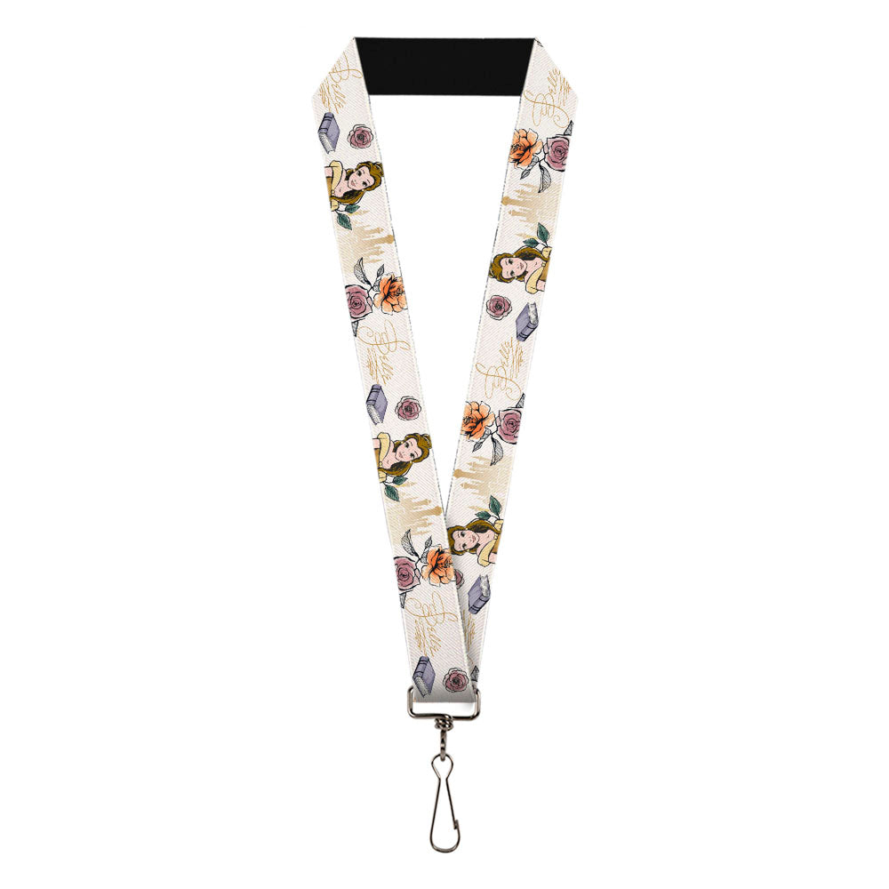 Lanyard - 1.0" - Beauty and the Beast Belle Castle Pose with Script and Flowers White Yellows