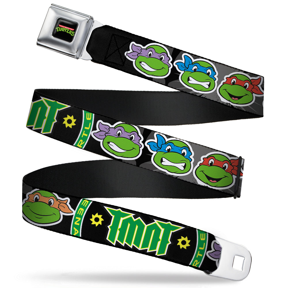 Classic TMNT Logo Full Color Seatbelt Belt - Classic Teenage Mutant Ninja Turtles Group Faces/TMNT/Ninja Star Black/Green Webbing