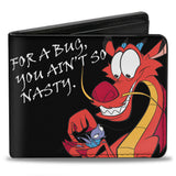 Bi-Fold Wallet - Mulan Mushu Petting Bug Pose FOR A BUG YOU AIN'T SO NASTY. Black White