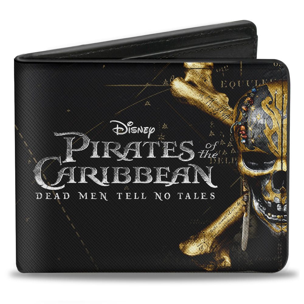 Bi-Fold Wallet - PIRATES OF THE CARIBBEAN DEAD MEN TELL NO TALES Skull Icon Black Silvers Golds