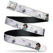 Disney Princess Crown Full Color Golds Seatbelt Belt - Aladdin Jasmine Palace Pose with Script and Flowers White/Purples Webbing