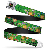 Classic TMNT Logo Full Color Seatbelt Belt - I "HEART" TMNT/Classic Turtles & Pizza Green Webbing