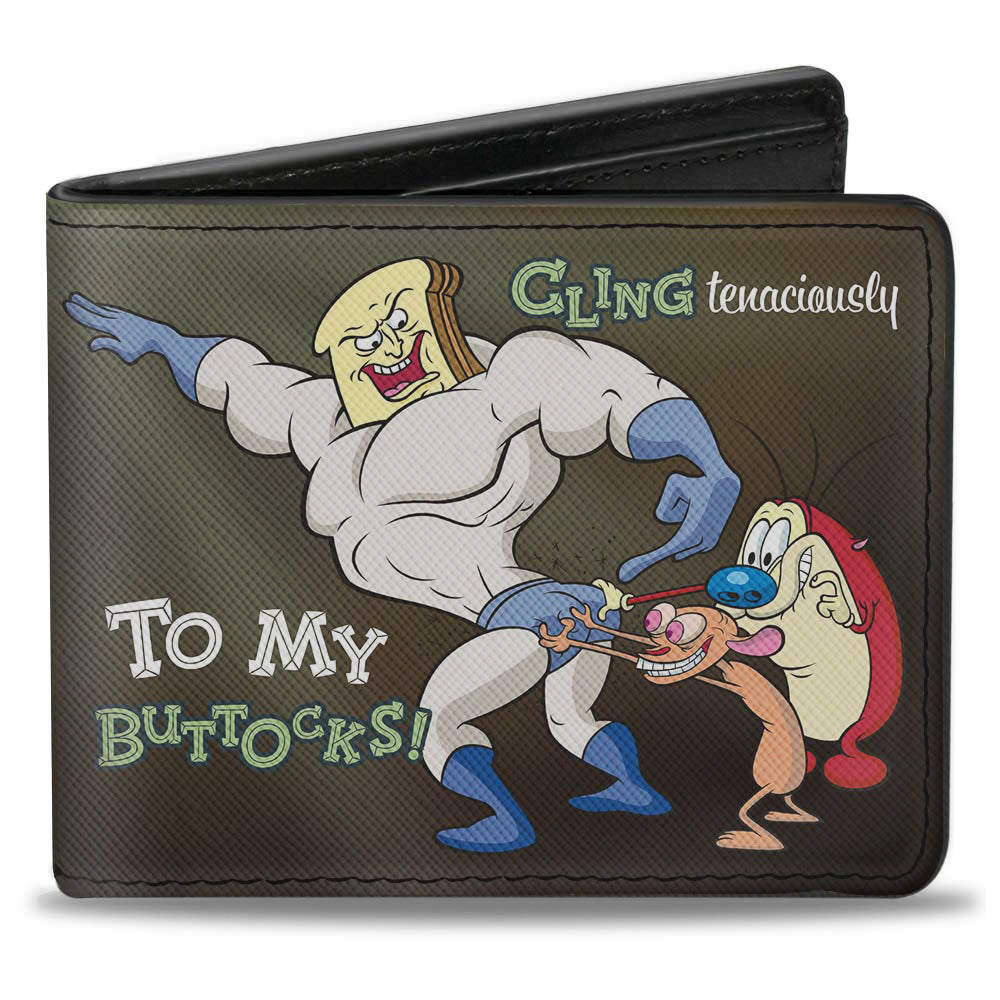 Bi-Fold Wallet - Powdered Toastman CLING TENACIOUSLY TO MY BUTTOCKS! + REN AND STIMPY Logo Black