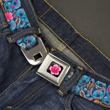 Hibiscus Flower Full Color Black Pinks Seatbelt Belt - Stitch Expressions/Hibiscus Flower/Ukulele Stacked Blues Webbing